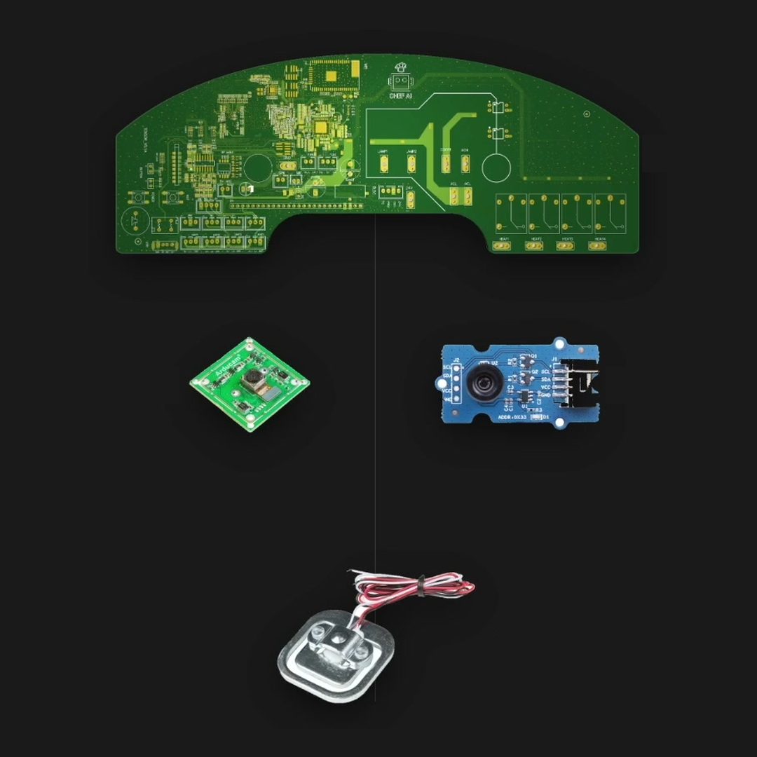 The compute board, RGB camera, thermal camera and load cell inside the module